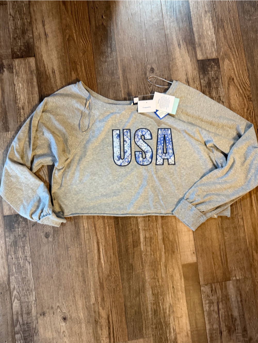 JoyLab Gray Off-the-Shoulder Sweatshirt with Blue USA Logo Sz lg
